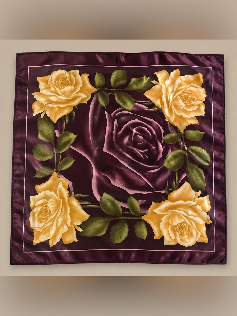Elegant Satin Floral Scarf in Deep Purple with Yellow Roses